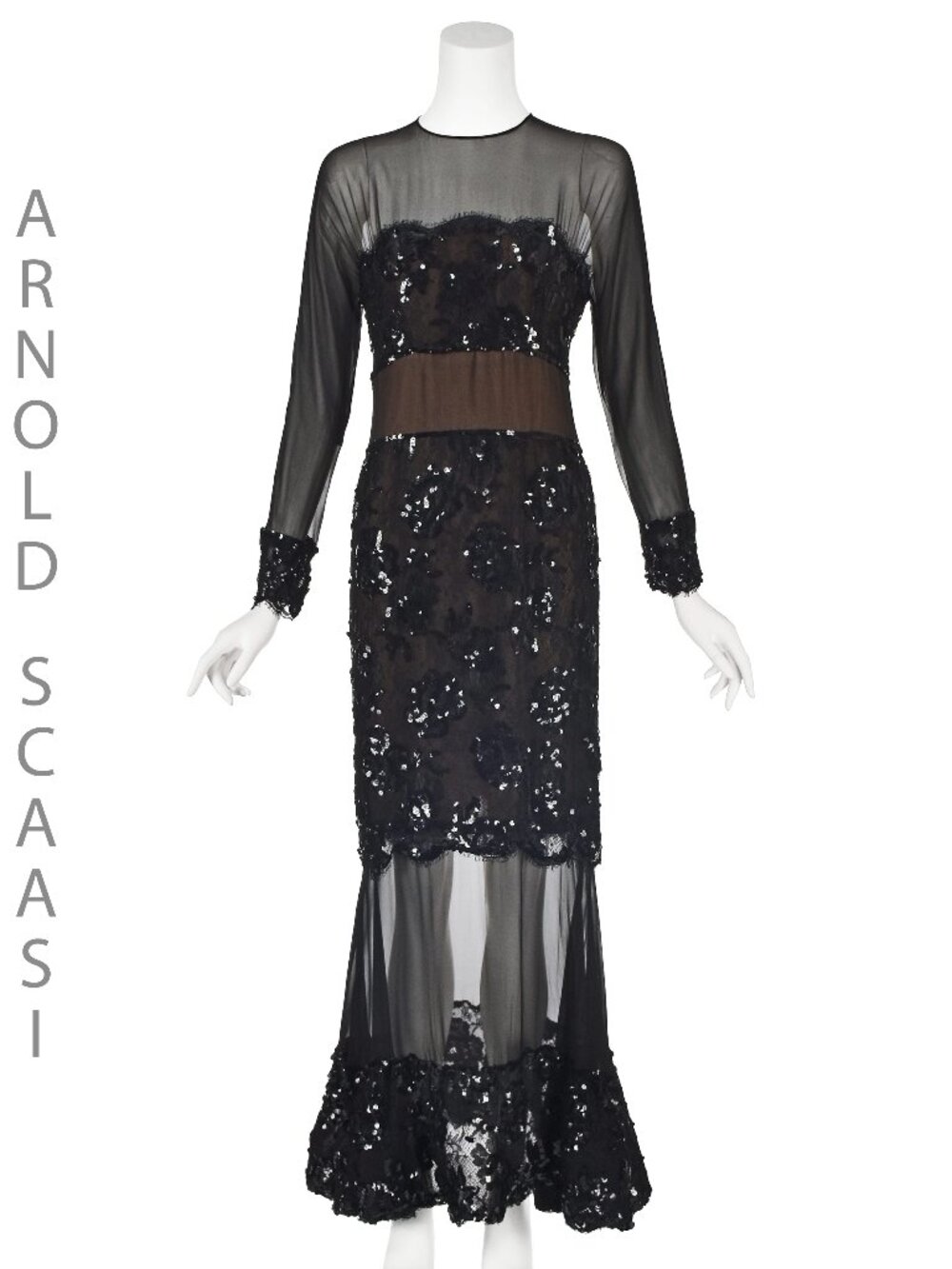 ARNOLD SCAASI for Neiman Marcus c. 1990 Black Sequined Lace & Illusion Gown, SZM